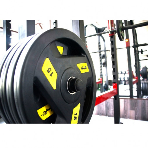 Олимпийский обрезиненный диск AeroFit 10 кг, черно-зеленый, с 3-мя хватами. Посадочное кольцо из нержавеющей стали, Ø 51,5 мм Олимпийский обрезиненный диск AeroFit 10 кг, черно-зеленый, с 3-мя хватами. Посадочное кольцо из нержавеющей стали, Ø 51,5 мм